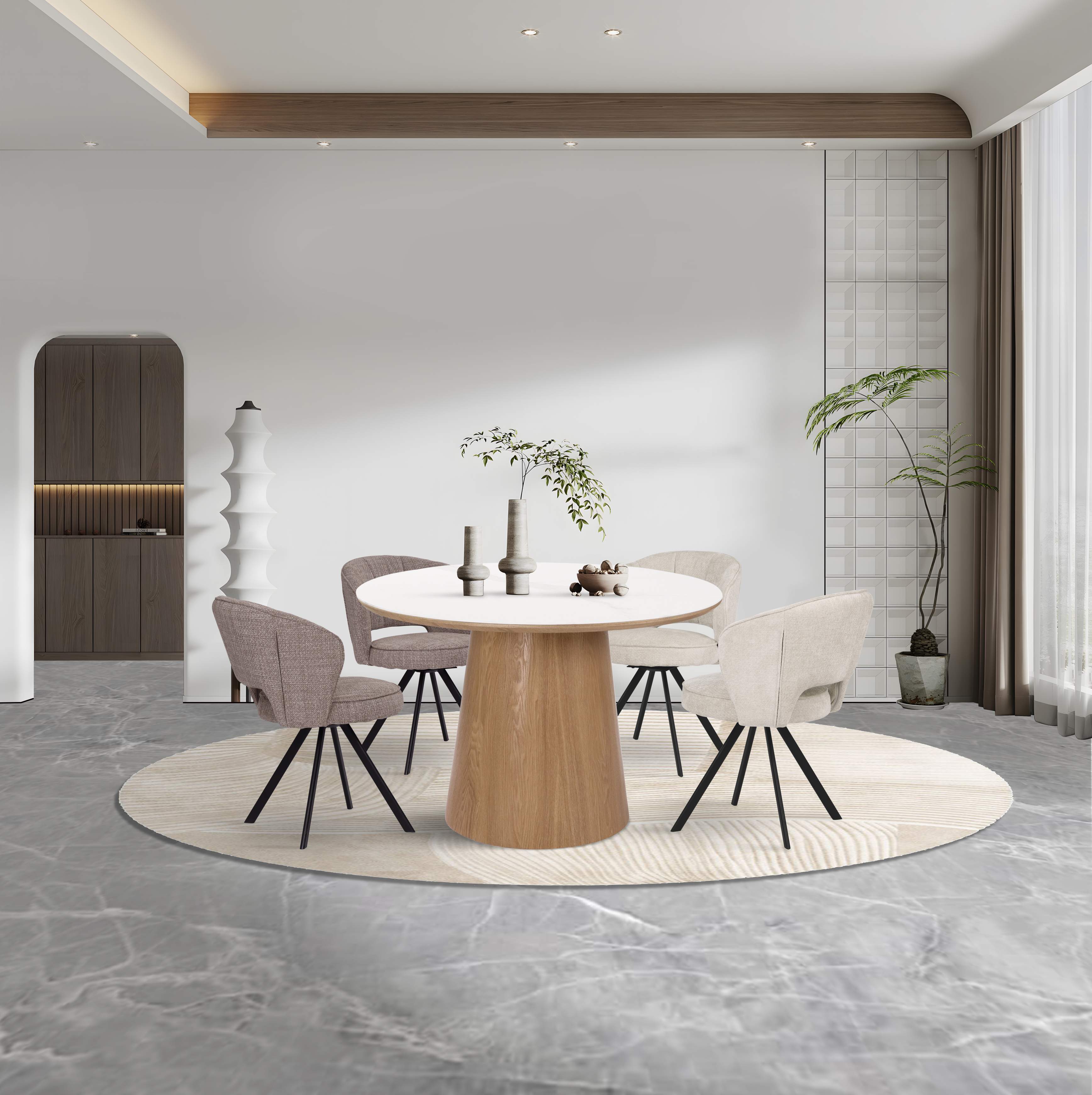 Round dining table Combine Double top snow mountaine white ceramic and walnut veneer