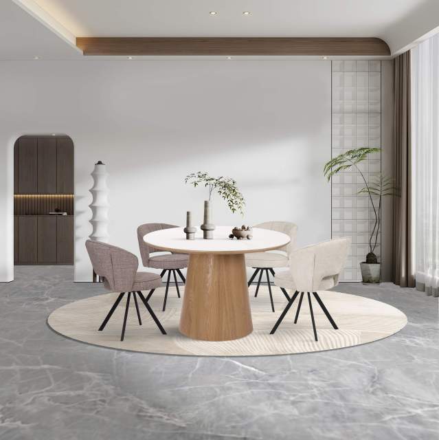 Round dining table Combine Double top snow mountaine white ceramic and walnut veneer