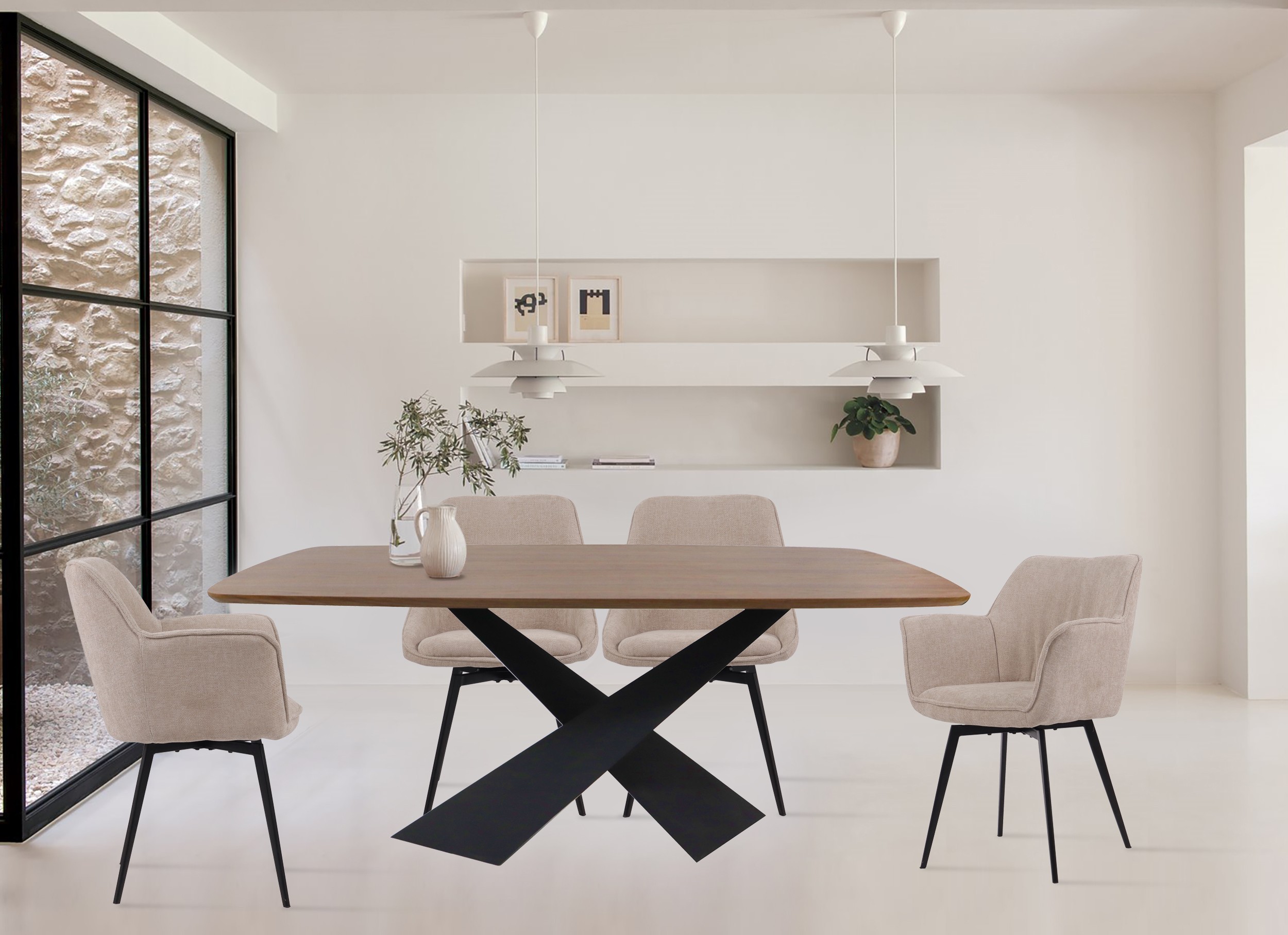Luxurious Dining Table with Italy gray ceramic top and black sandy legs