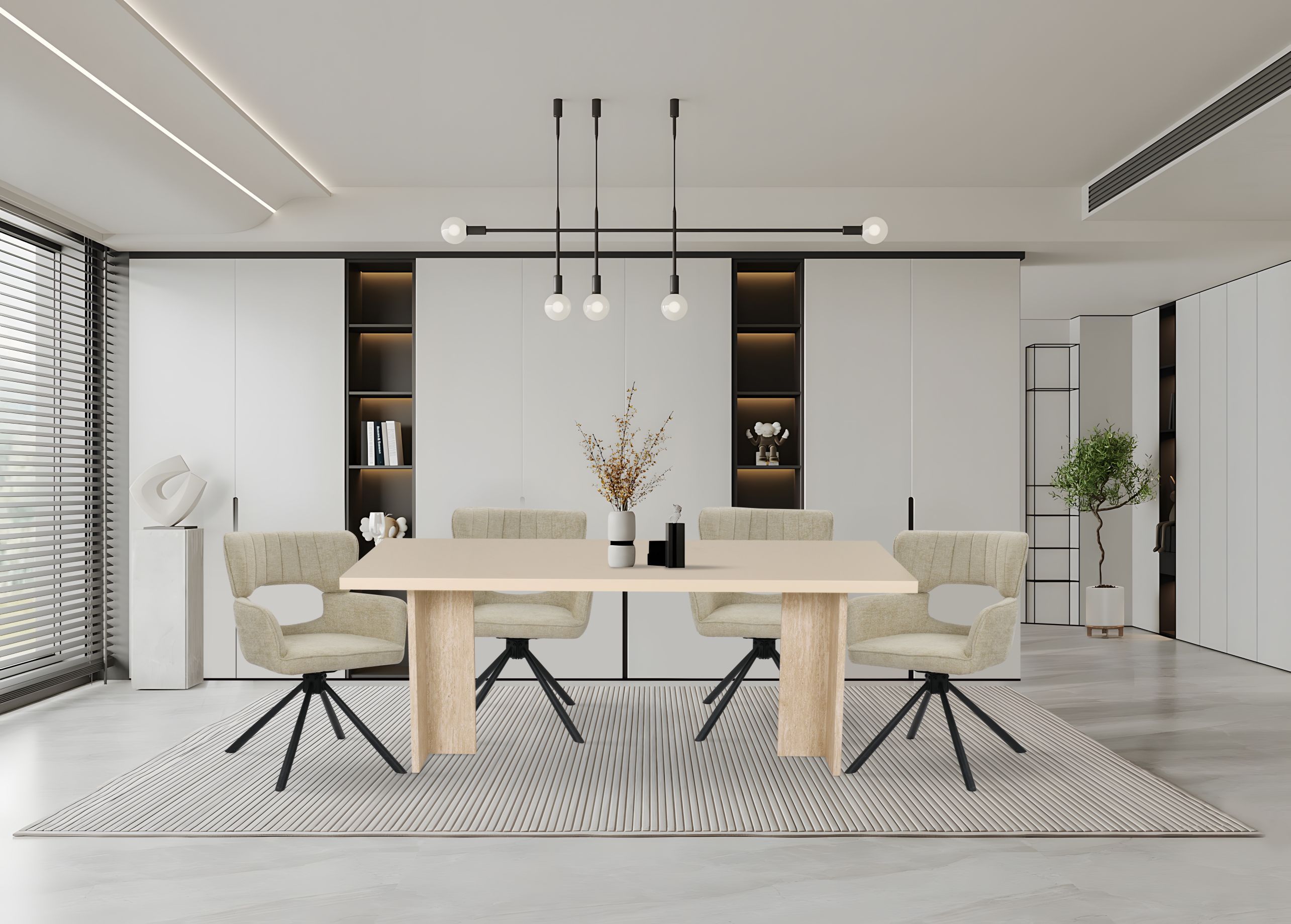 Nordic style beige painted rectangular dining table with Grey Travertine paper veneer