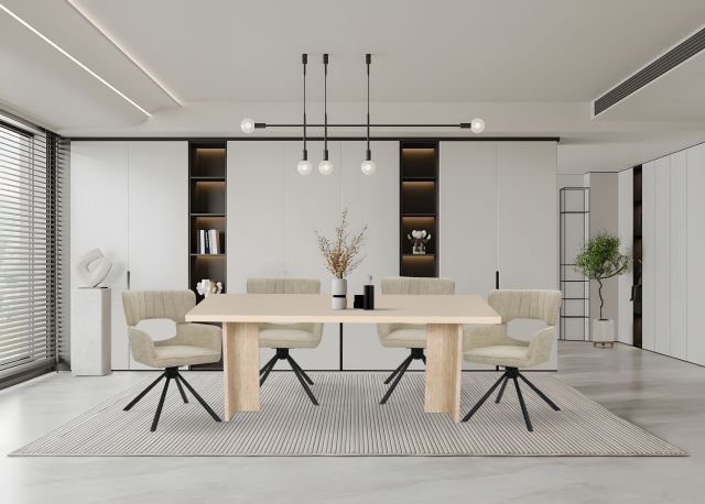 Nordic style beige painted rectangular dining table with Grey Travertine paper veneer