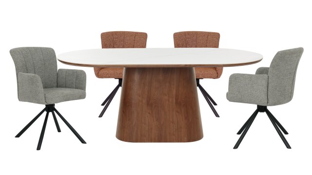 Stylish Rectangle Dining Table Combine Double top white ceramic and walnut veneer