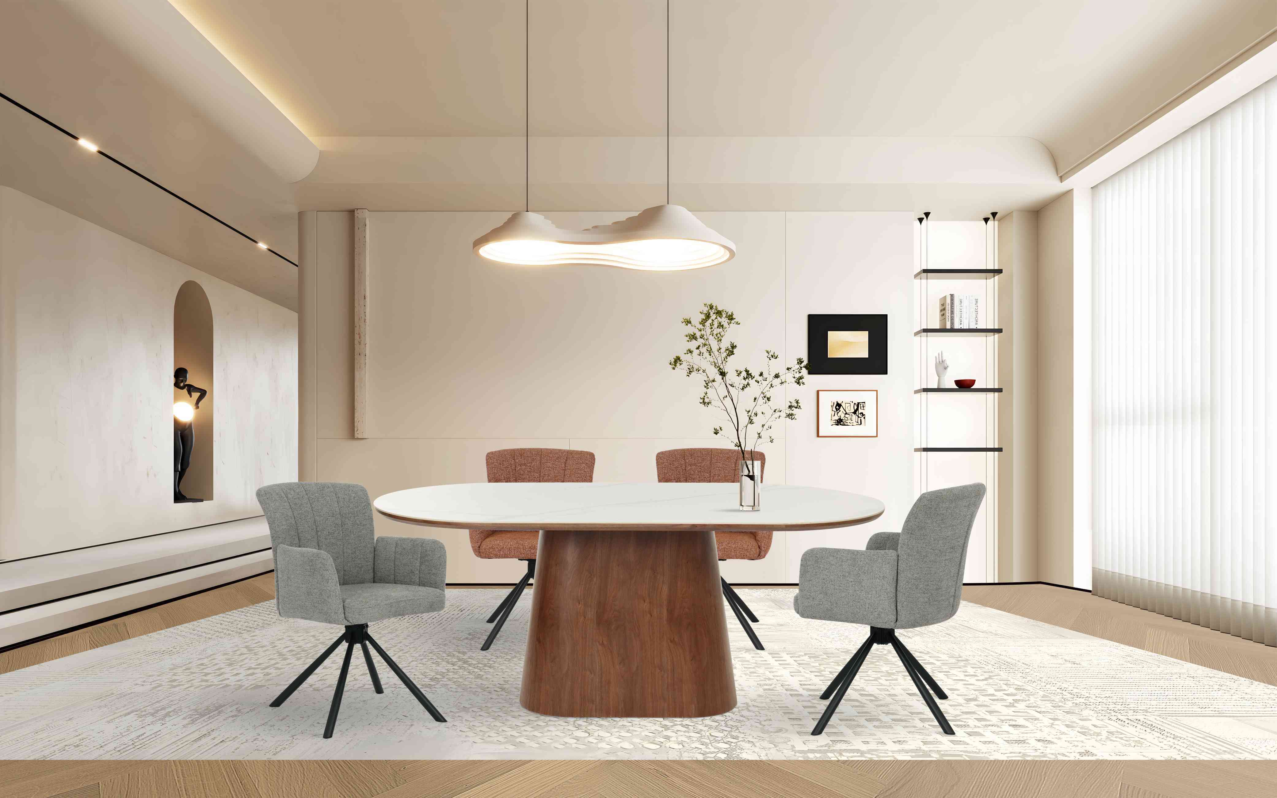 Stylish Rectangle Dining Table Combine Double top white ceramic and walnut veneer
