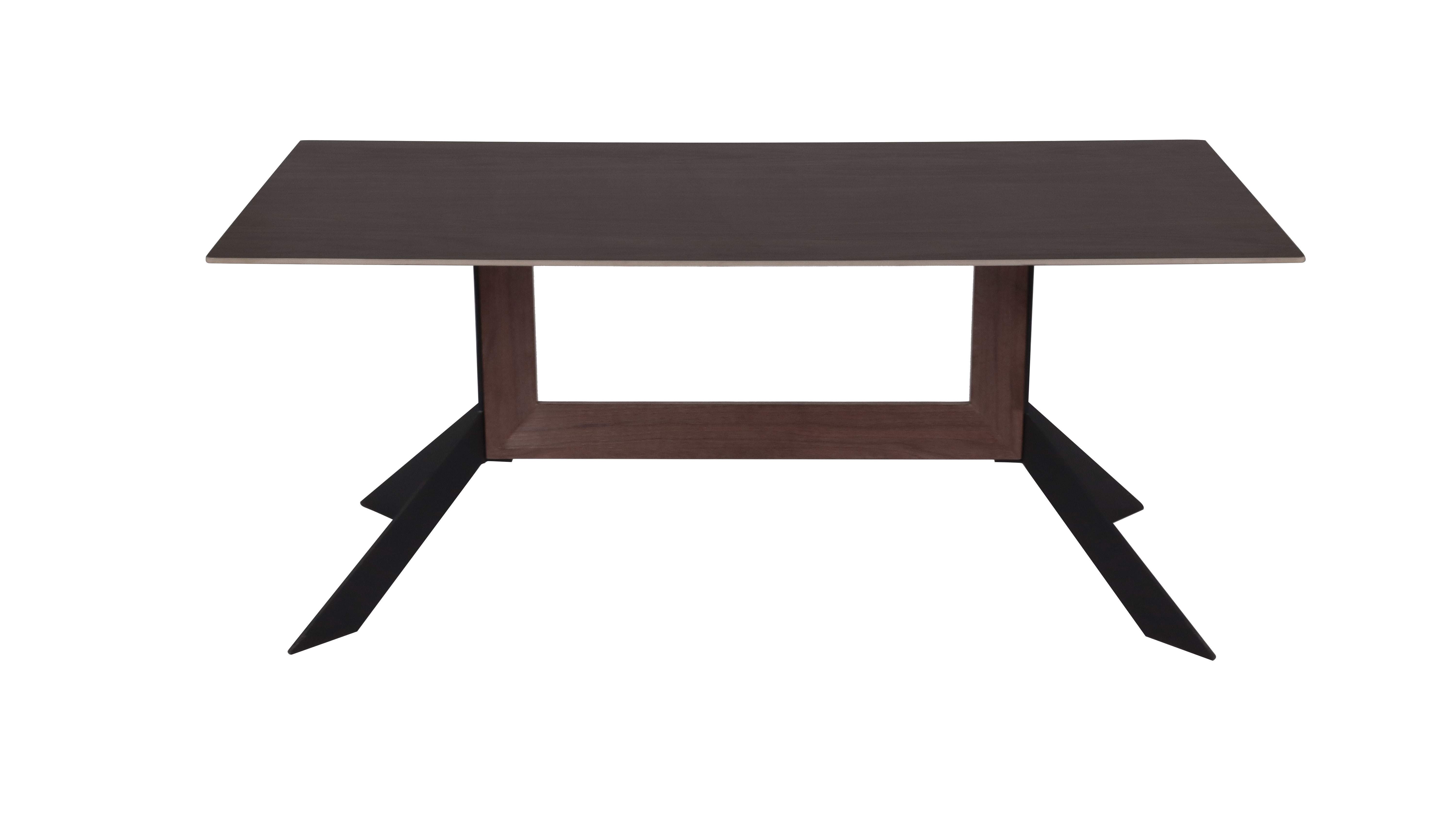Novel Dining Table with Deep Gray ceramic top and walnut color metal legs