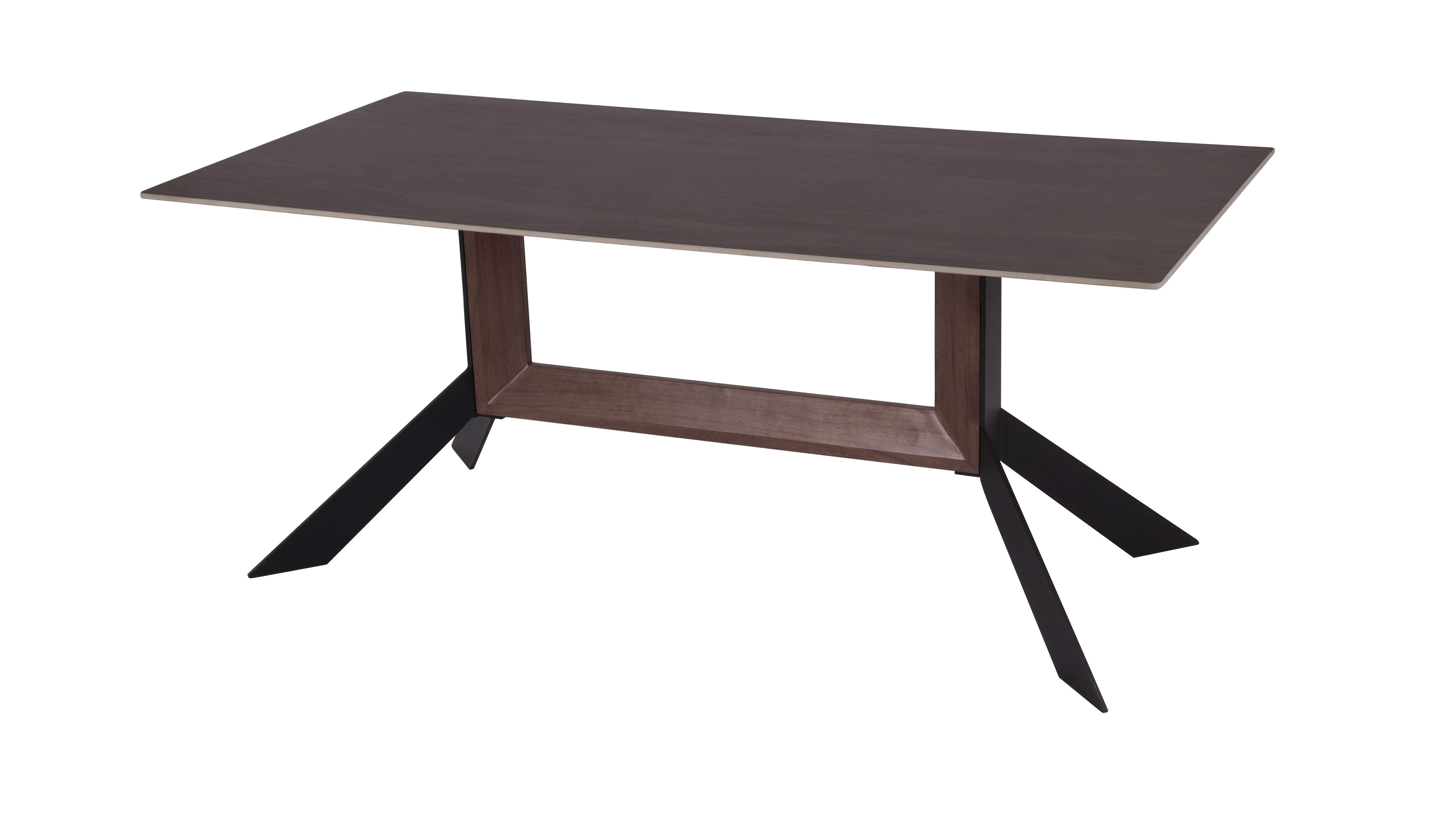 Novel Dining Table with Deep Gray ceramic top and walnut color metal legs
