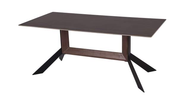 Novel Dining Table with Deep Gray ceramic top and walnut color metal legs