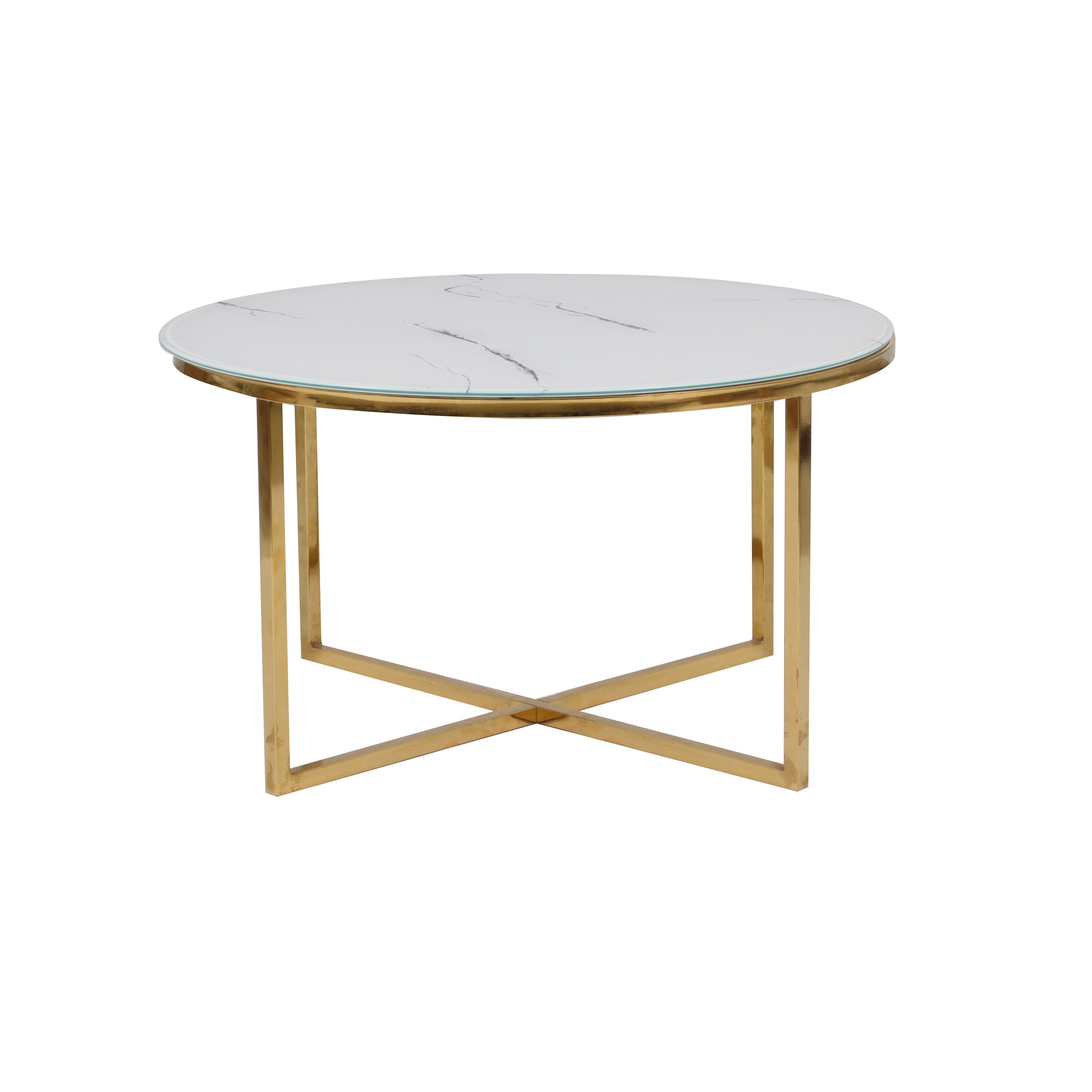 Glass top Coffee table in white marble color with Golden chromed legs