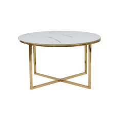 Glass top Coffee table in white marble color with Golden chromed legs