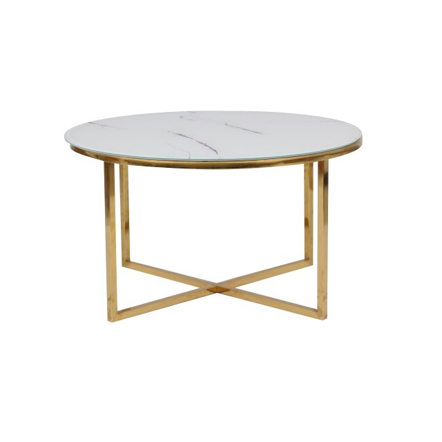 Glass top Coffee table in white marble color with Golden chromed legs