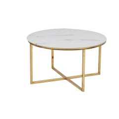 Glass top Coffee table in white marble color with Golden chromed legs