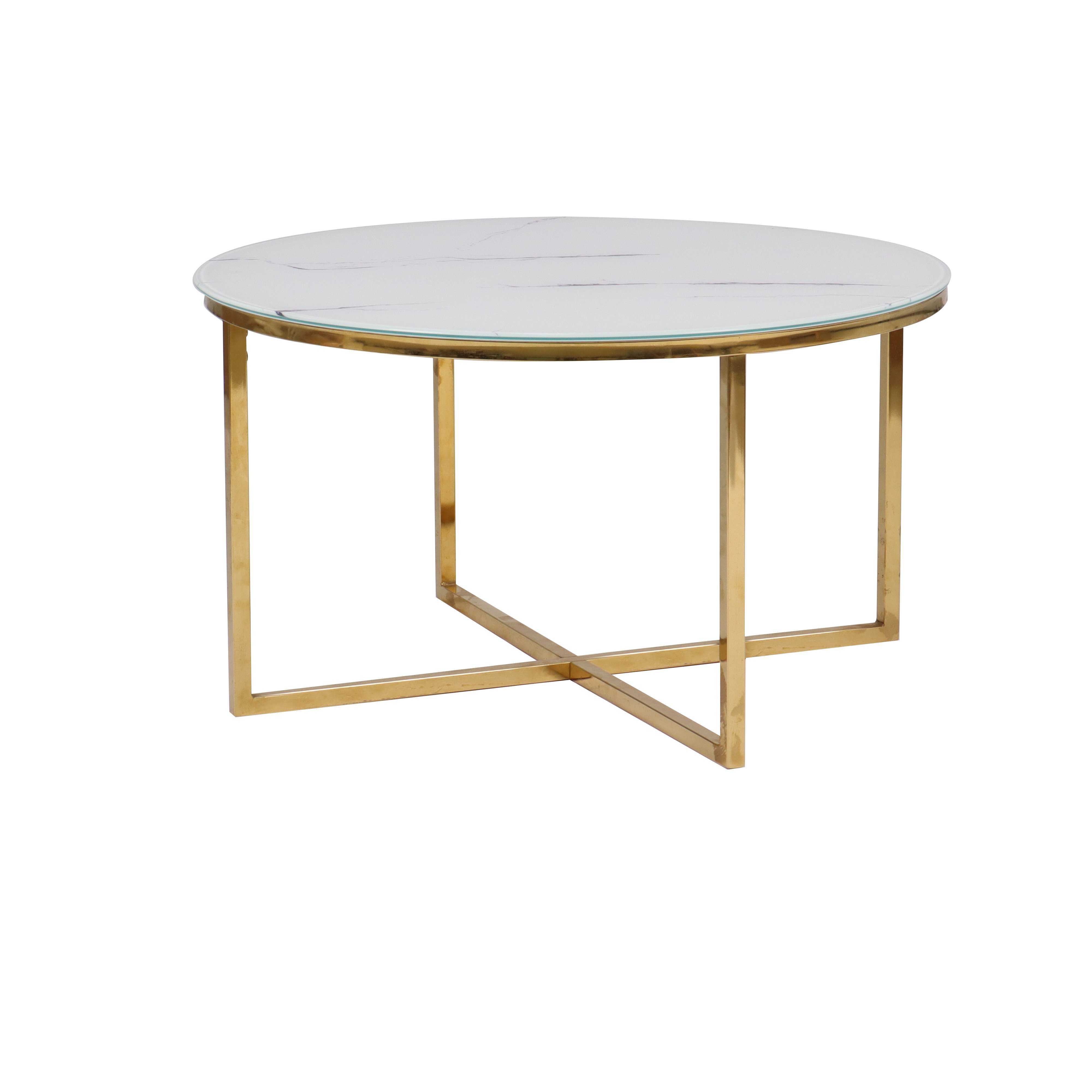 Glass top Coffee table in white marble color with Golden chromed legs