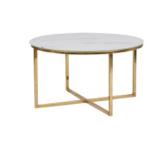 Glass top Coffee table in white marble color with Golden chromed legs