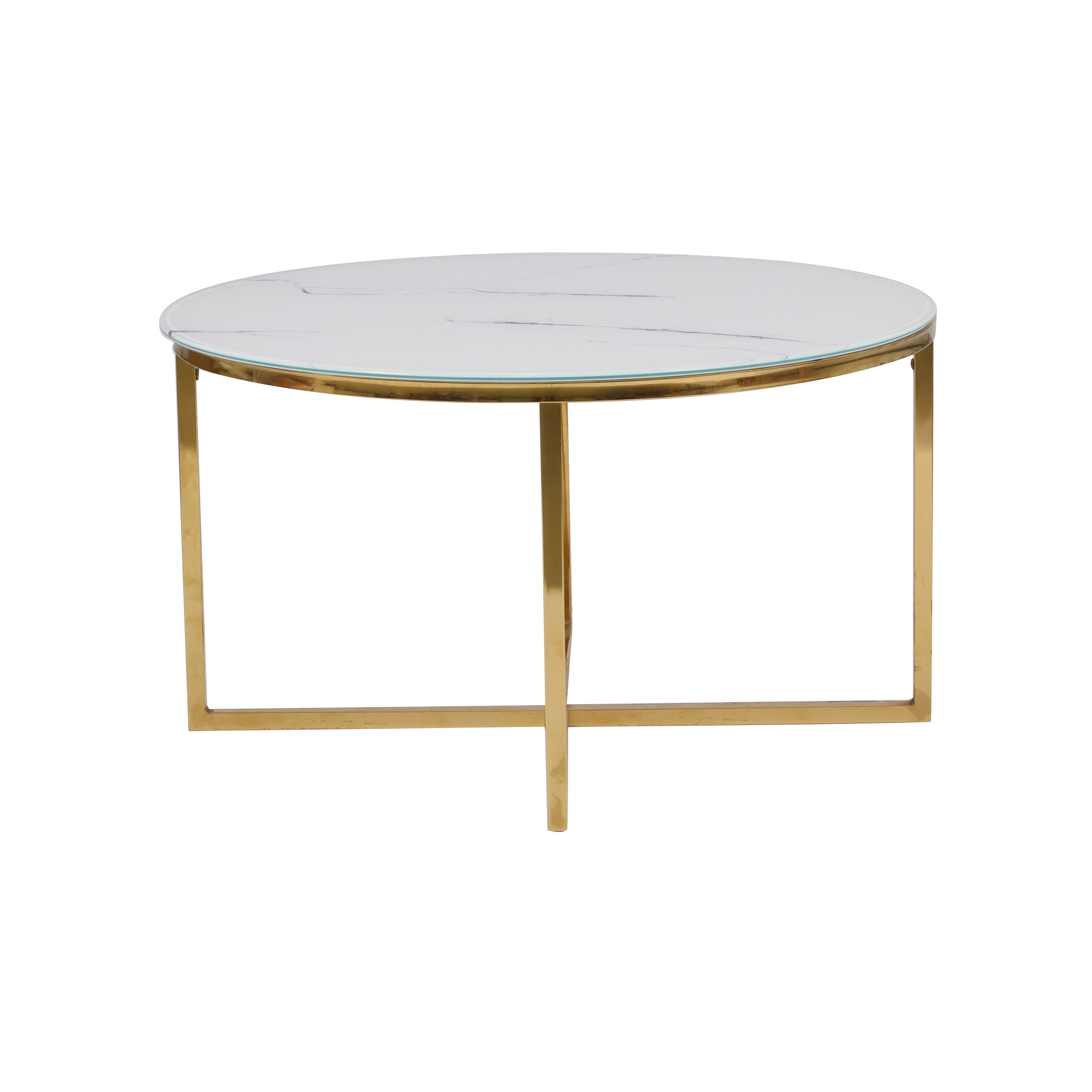 Glass top Coffee table in white marble color with Golden chromed legs