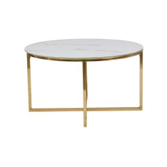 Glass top Coffee table in white marble color with Golden chromed legs