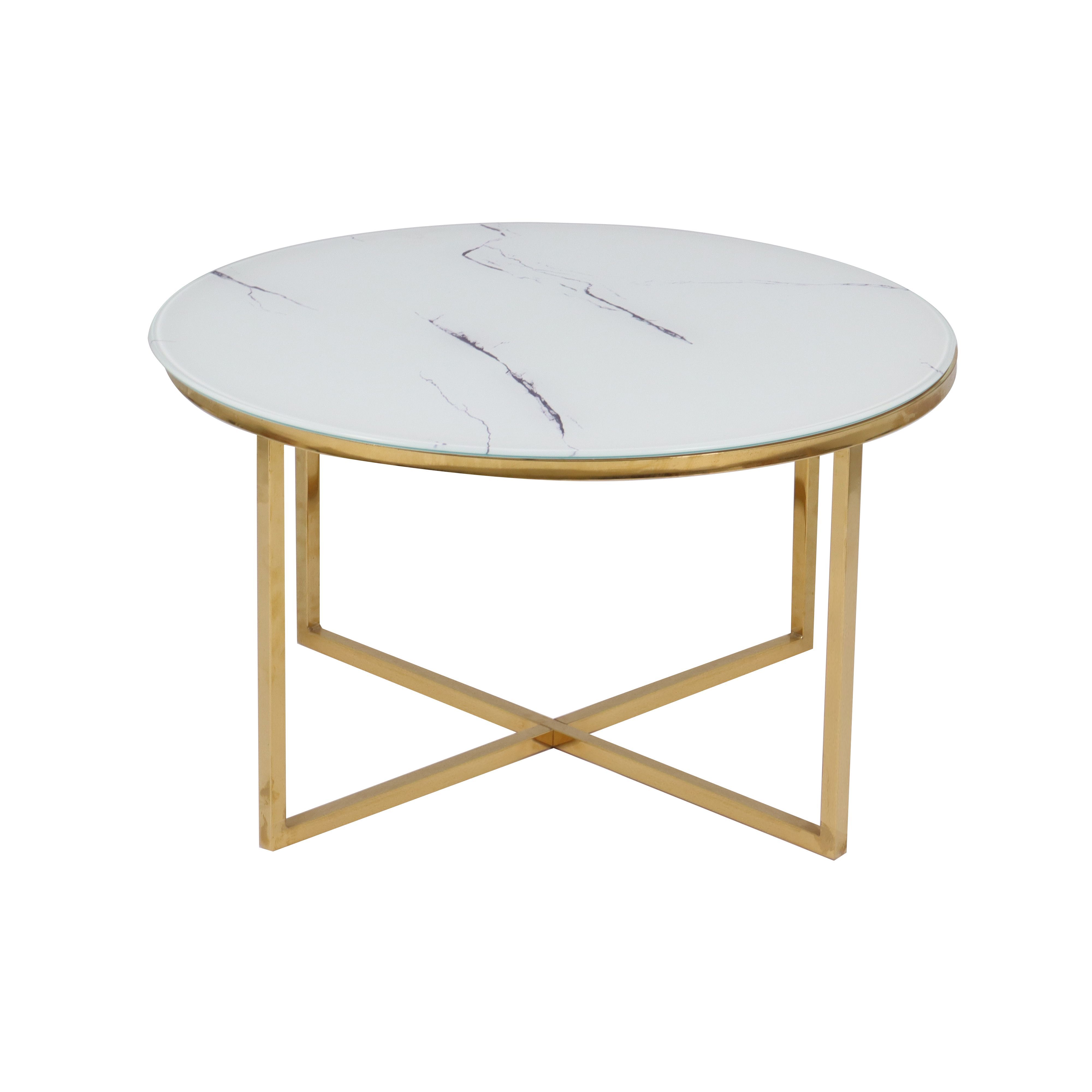 Glass top Coffee table in white marble color with Golden chromed legs