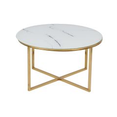 Glass top Coffee table in white marble color with Golden chromed legs