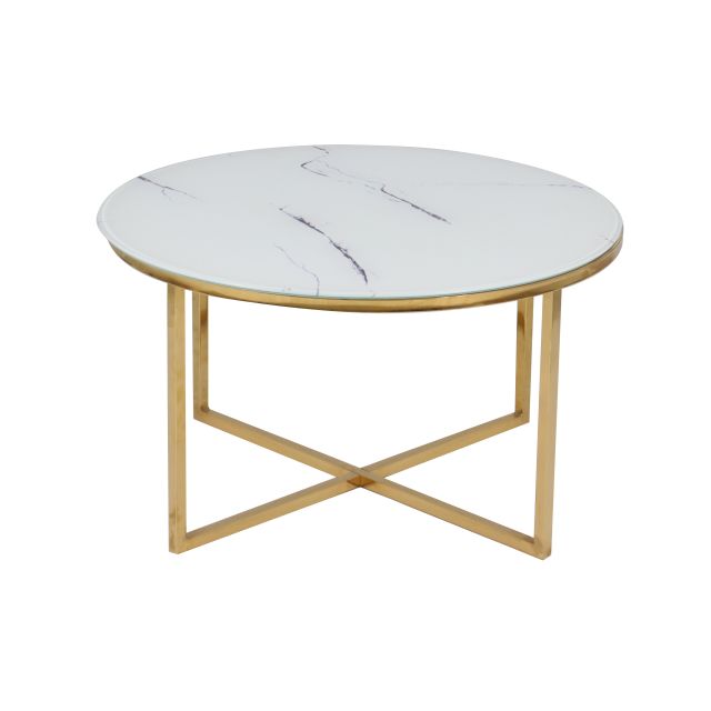 Glass top Coffee table in white marble color with Golden chromed legs