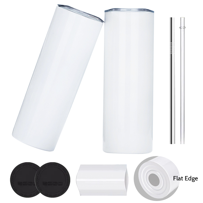 20oz flat-bottomed sublimation tumbler + plastic straw + metal straw + rubber pad + shrink wrap+ straw brush