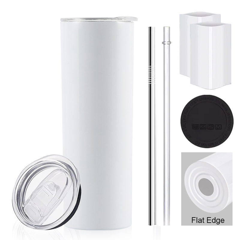 20oz flat-bottomed sublimation tumbler + plastic straw + metal straw + rubber pad + shrink wrap+ straw brush