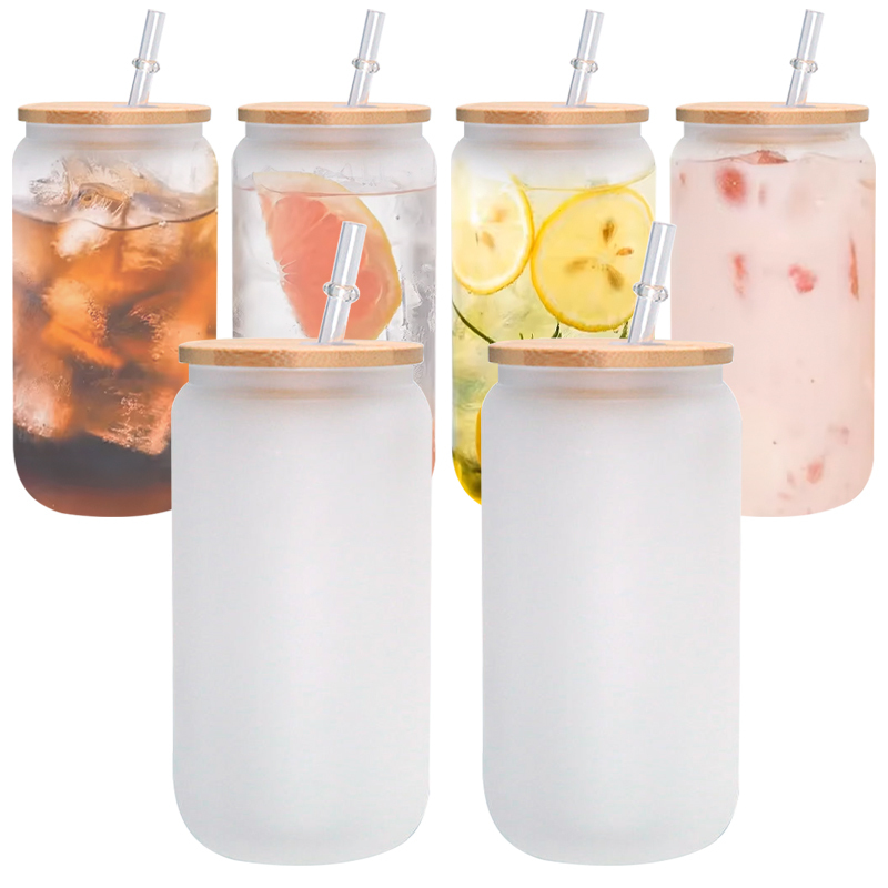 16oz Glass Clear Glass 16oz Beer Can Clear Soda Can Water Cup With Bamboo Lid, Plastic Straw, Glass Straw For Iced Coffee, Milk, Juice, Soda, Beverage, DIY Craft Heat Transfer