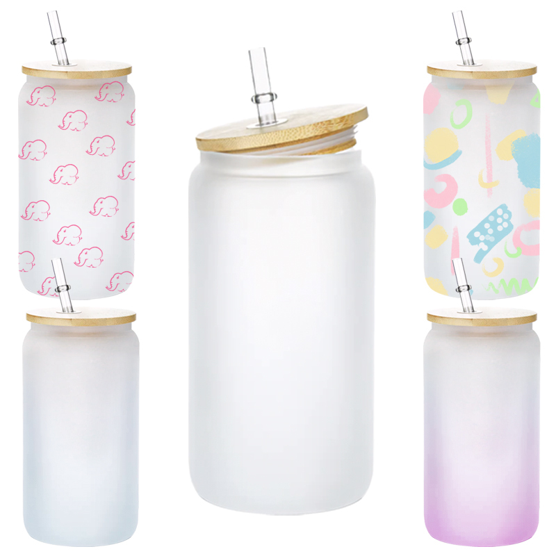 16oz Glass Clear Glass 16oz Beer Can Clear Soda Can Water Cup With Bamboo Lid, Plastic Straw, Glass Straw For Iced Coffee, Milk, Juice, Soda, Beverage, DIY Craft Heat Transfer