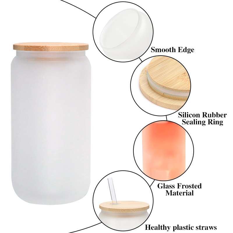 16oz Glass Clear Glass 16oz Beer Can Clear Soda Can Water Cup With Bamboo Lid, Plastic Straw, Glass Straw For Iced Coffee, Milk, Juice, Soda, Beverage, DIY Craft Heat Transfer