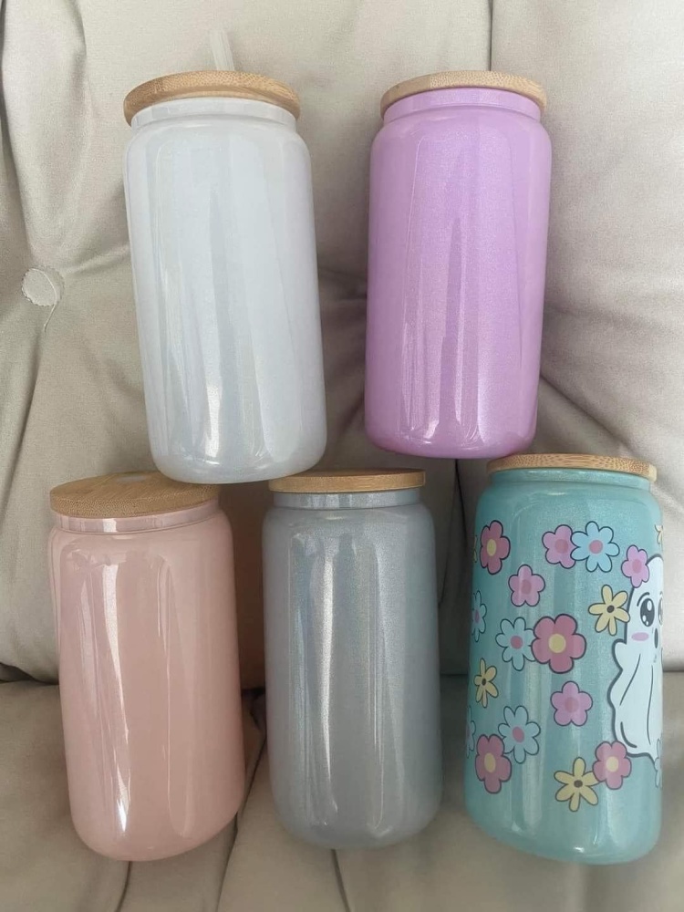 US 16oz shimmer glass cans with bamboo lid for sublimation