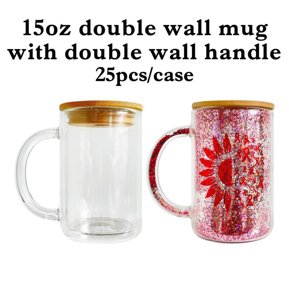 15oz Sublimation Double Wall Glass with Handle 25pcs