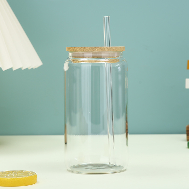 Hot Selling 16oz Glass cans with bamboo lid and plastic straw