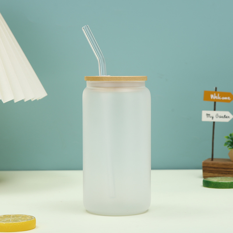 Hot Selling 16oz Glass cans with bamboo lid and plastic straw