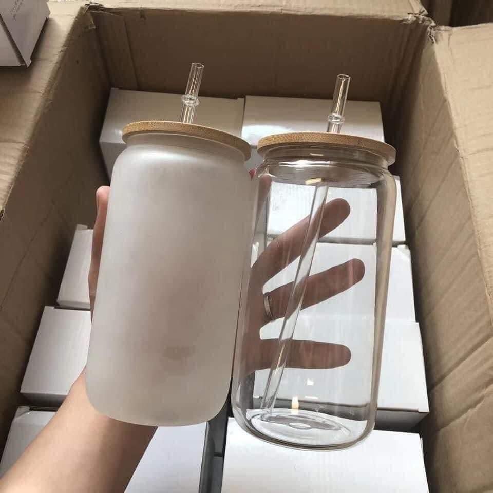 Hot Selling 16oz Glass cans with bamboo lid and plastic straw