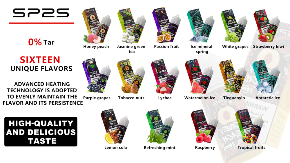 sp2s quality e-liquid, 16 flavors to choose from, new technology for longer heating and flavor retention, low nicotine product