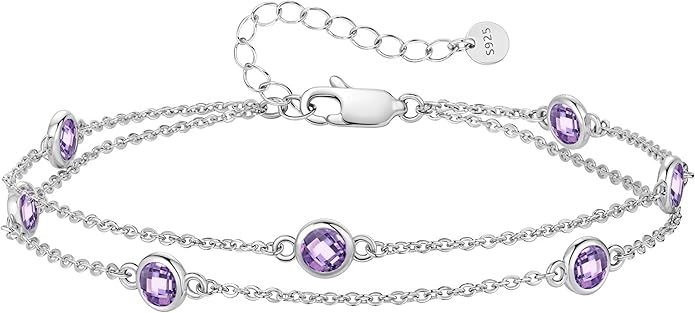 Birthstone Bracelets for Women, 925 Sterling Silver Charm Link Double Strand Bracelet, Birthday Anniversary Christmas Jewelry Gifts for Wife Girlfriend Mother her…