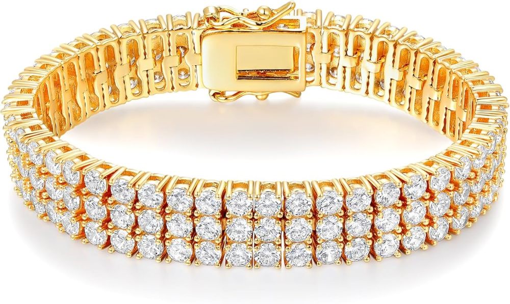 2 Rows Tennis Bracelets for Women Men - 18K Yellow Gold Plated 3mm Round Cut Cubic Zirconia Classic Tennis Bracelet, Size 6.5-8.5 Inch