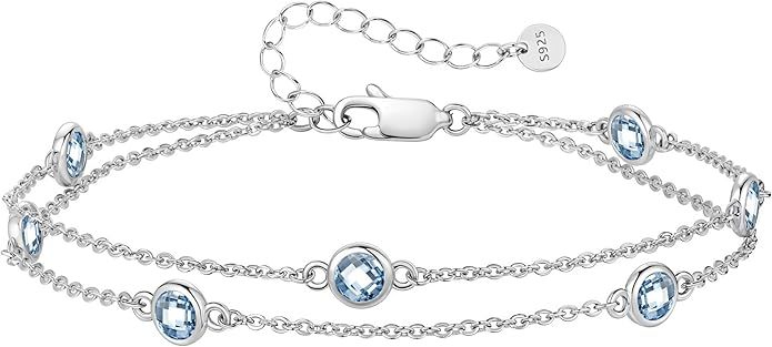 Birthstone Bracelets for Women, 925 Sterling Silver Charm Link Double Strand Bracelet, Birthday Anniversary Christmas Jewelry Gifts for Wife Girlfriend Mother her…