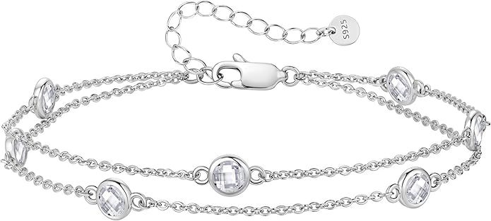 Birthstone Bracelets for Women, 925 Sterling Silver Charm Link Double Strand Bracelet, Birthday Anniversary Christmas Jewelry Gifts for Wife Girlfriend Mother her…