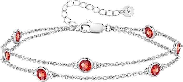 Birthstone Bracelets for Women, 925 Sterling Silver Charm Link Double Strand Bracelet, Birthday Anniversary Christmas Jewelry Gifts for Wife Girlfriend Mother her…