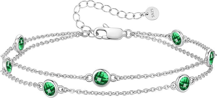 Birthstone Bracelets for Women, 925 Sterling Silver Charm Link Double Strand Bracelet, Birthday Anniversary Christmas Jewelry Gifts for Wife Girlfriend Mother her…