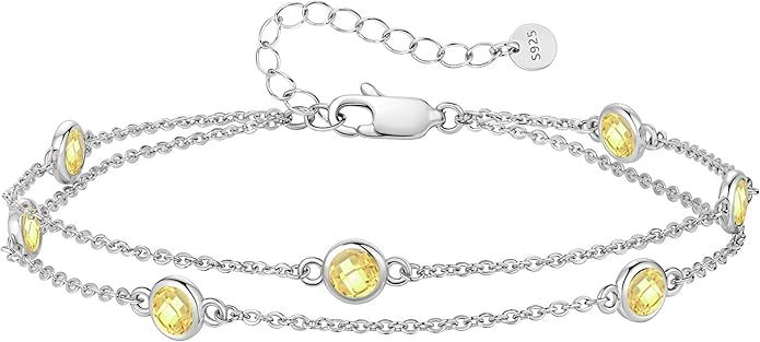 Birthstone Bracelets for Women, 925 Sterling Silver Charm Link Double Strand Bracelet, Birthday Anniversary Christmas Jewelry Gifts for Wife Girlfriend Mother her…