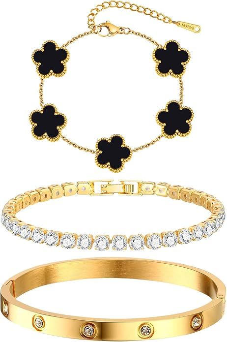 Womens Stackable Floral Gold Bracelets - 3Pcs 18K Gold Plated Bracelet,Stainless Steel Bangle Bracelets Non Tarnish, Gold Bracelet Set Trendy Jewelry,Christmas Valentines Birthday Gifts for Girlfriend