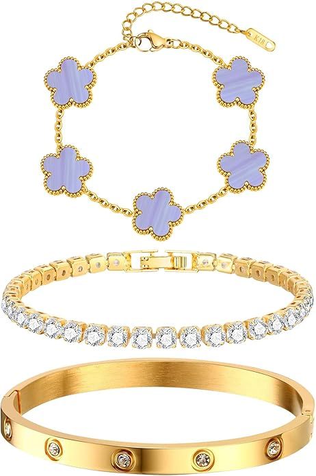 Womens Stackable Floral Gold Bracelets - 3Pcs 18K Gold Plated Bracelet,Stainless Steel Bangle Bracelets Non Tarnish, Gold Bracelet Set Trendy Jewelry,Christmas Valentines Birthday Gifts for Girlfriend