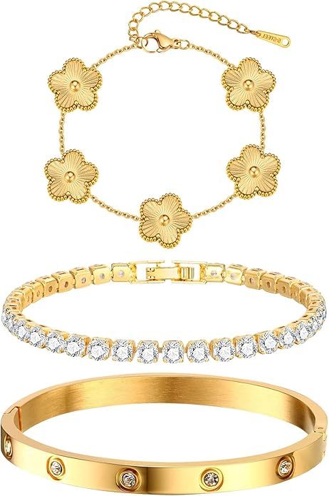 Womens Stackable Floral Gold Bracelets - 3Pcs 18K Gold Plated Bracelet,Stainless Steel Bangle Bracelets Non Tarnish, Gold Bracelet Set Trendy Jewelry,Christmas Valentines Birthday Gifts for Girlfriend