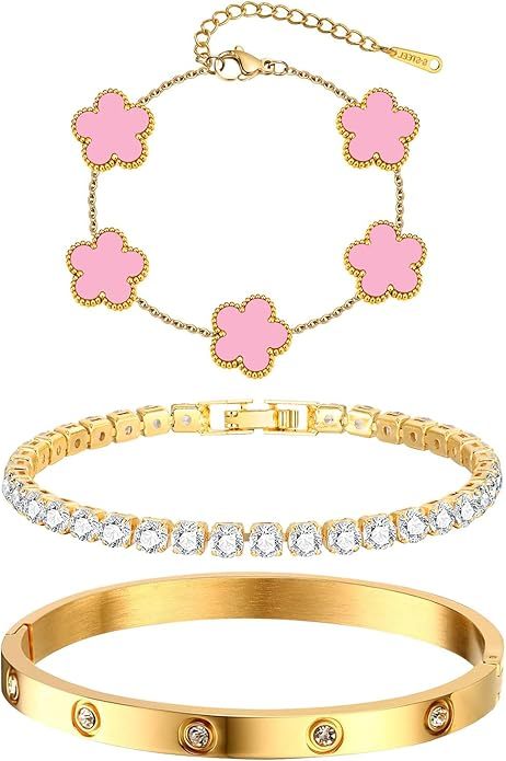 Womens Stackable Floral Gold Bracelets - 3Pcs 18K Gold Plated Bracelet,Stainless Steel Bangle Bracelets Non Tarnish, Gold Bracelet Set Trendy Jewelry,Christmas Valentines Birthday Gifts for Girlfriend