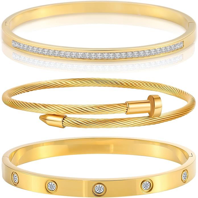 Gold Bracelets for Women Stackable Bangles Love & Friendship Stainless Steel Jewelry Valentines Day Gifts for Her
