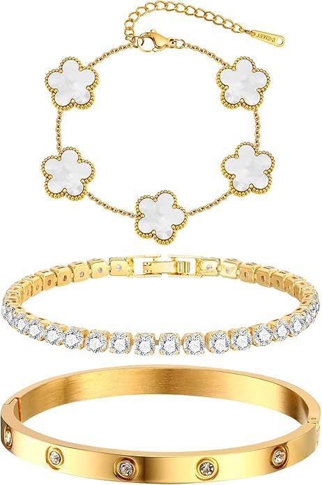 Womens Stackable Floral Gold Bracelets - 3Pcs 18K Gold Plated Bracelet,Stainless Steel Bangle Bracelets Non Tarnish, Gold Bracelet Set Trendy Jewelry,Christmas Valentines Birthday Gifts for Girlfriend