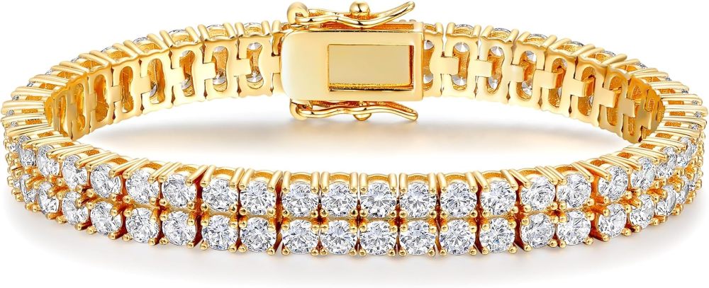 2 Rows Tennis Bracelets for Women Men - 18K Yellow Gold Plated 3mm Round Cut Cubic Zirconia Classic Tennis Bracelet, Size 6.5-8.5 Inch