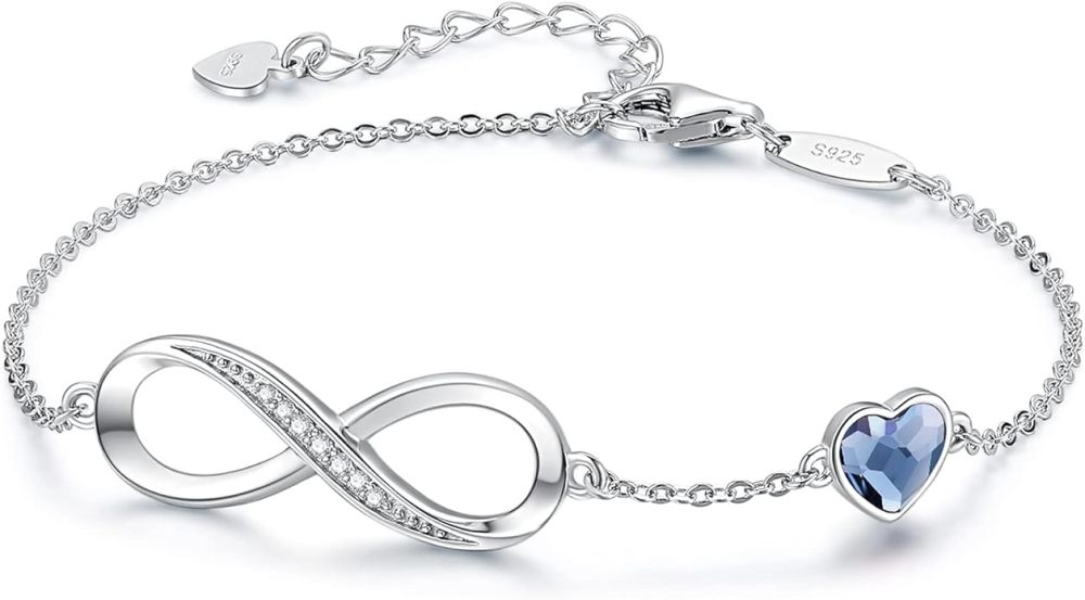 Valentine's Day Gift Infinity Heart Birthstone Charm Link Bracelet for Women 925 Sterling Silver Adjustable Mother's Day Christmas Day Gift Anniversary Birthday Jewelry for Wife Girlfriend Her