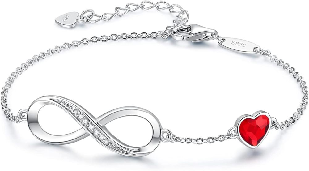 Valentine's Day Gift Infinity Heart Birthstone Charm Link Bracelet for Women 925 Sterling Silver Adjustable Mother's Day Christmas Day Gift Anniversary Birthday Jewelry for Wife Girlfriend Her