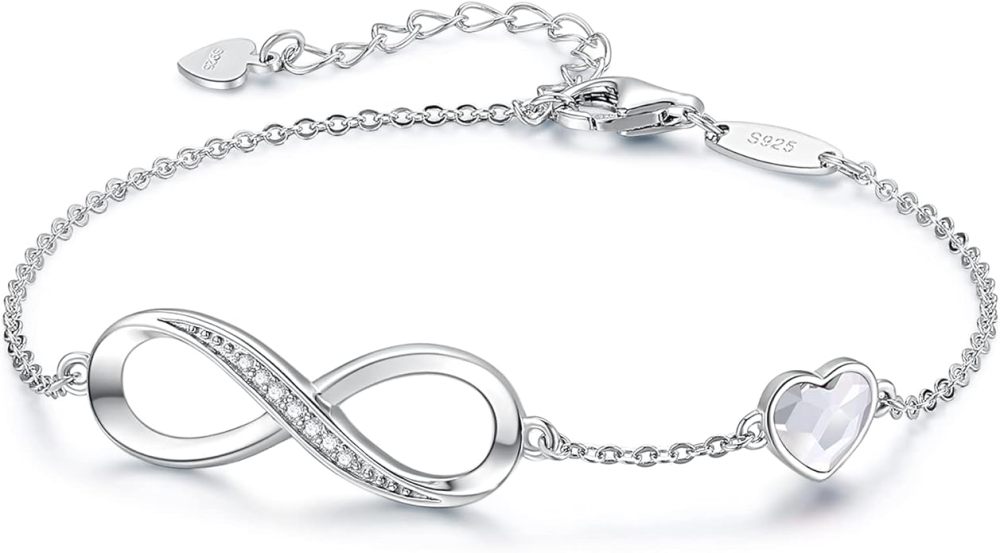 Valentine's Day Gift Infinity Heart Birthstone Charm Link Bracelet for Women 925 Sterling Silver Adjustable Mother's Day Christmas Day Gift Anniversary Birthday Jewelry for Wife Girlfriend Her