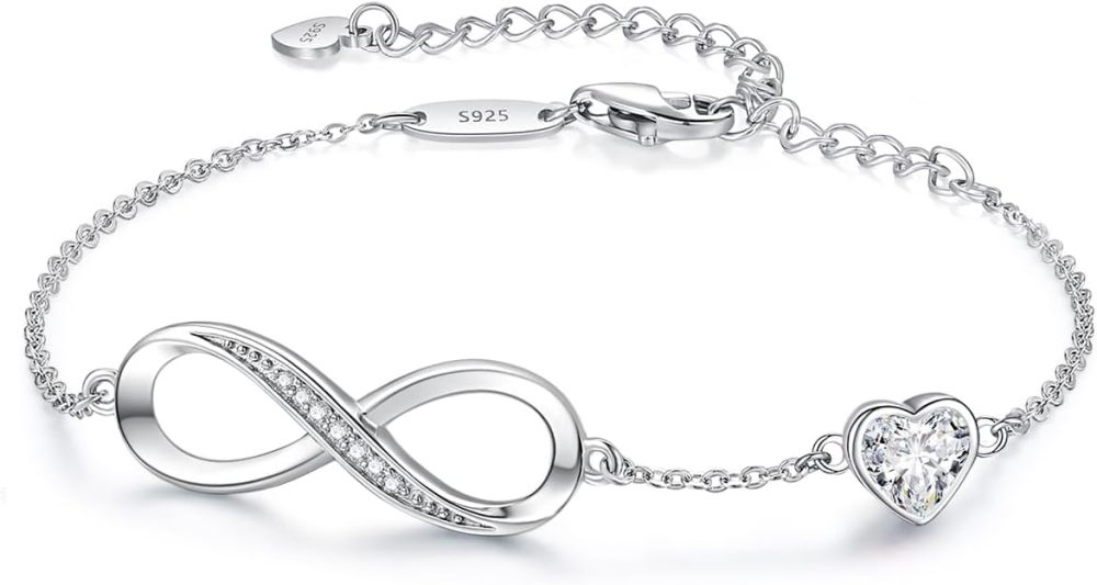 Valentine's Day Gift Infinity Heart Birthstone Charm Link Bracelet for Women 925 Sterling Silver Adjustable Mother's Day Christmas Day Gift Anniversary Birthday Jewelry for Wife Girlfriend Her